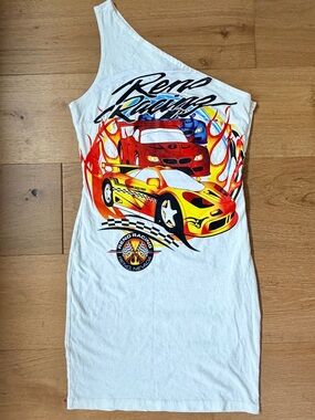 Reno Racing One-Shoulder Graphic Tee Car Mini Dress White Bodycon Women's Small